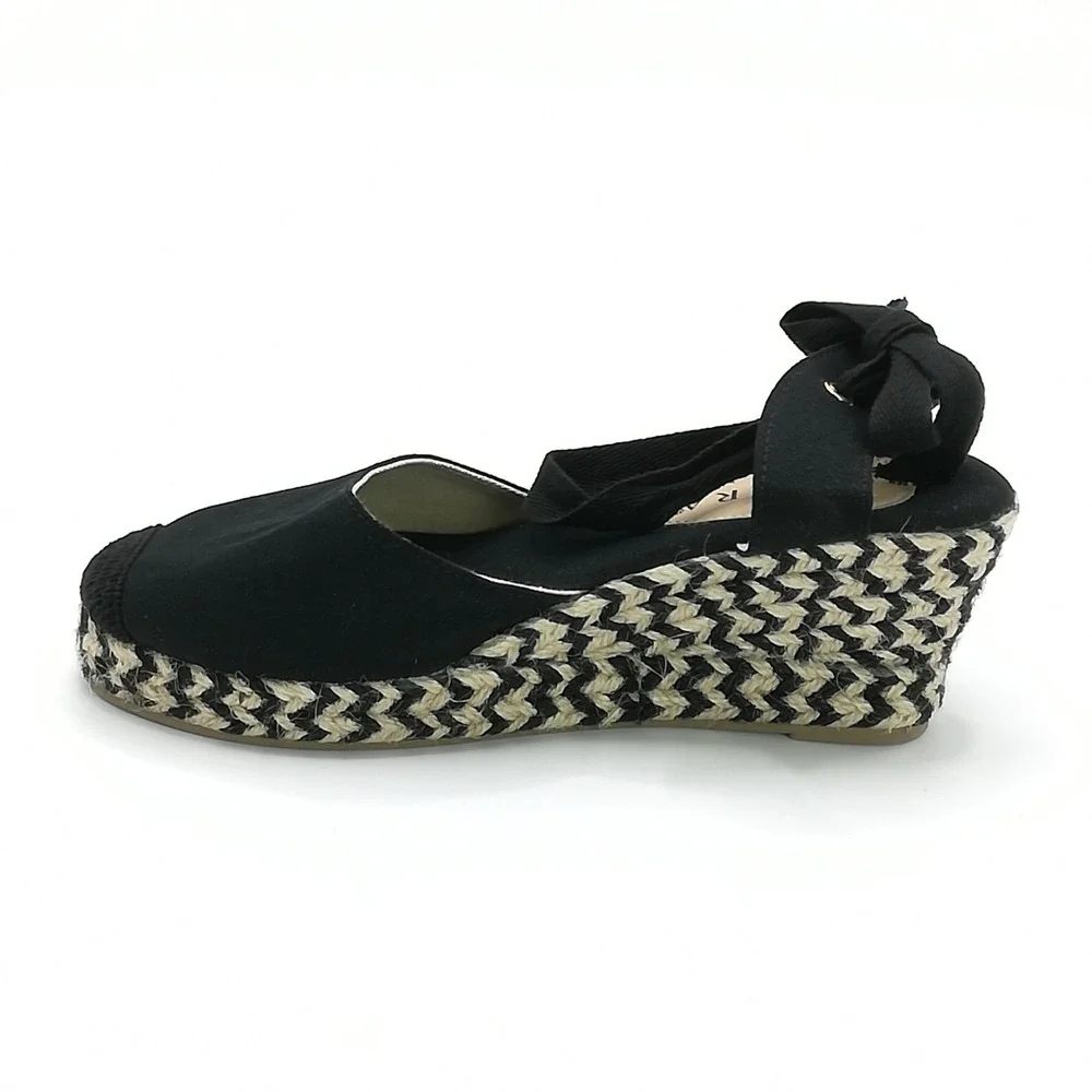 Serra Sandals Womens Shoes Wedge‎ Espadrille Black Tie Ankle Strap Textile 8